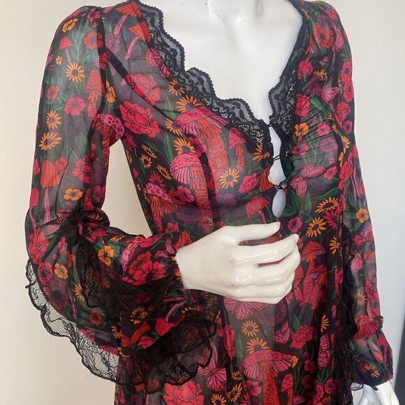 Dolls Kill Brand Current Mood Daydreamer Floral & Mushroom Print Mini Dress 🍄 - Picture 3 of 6